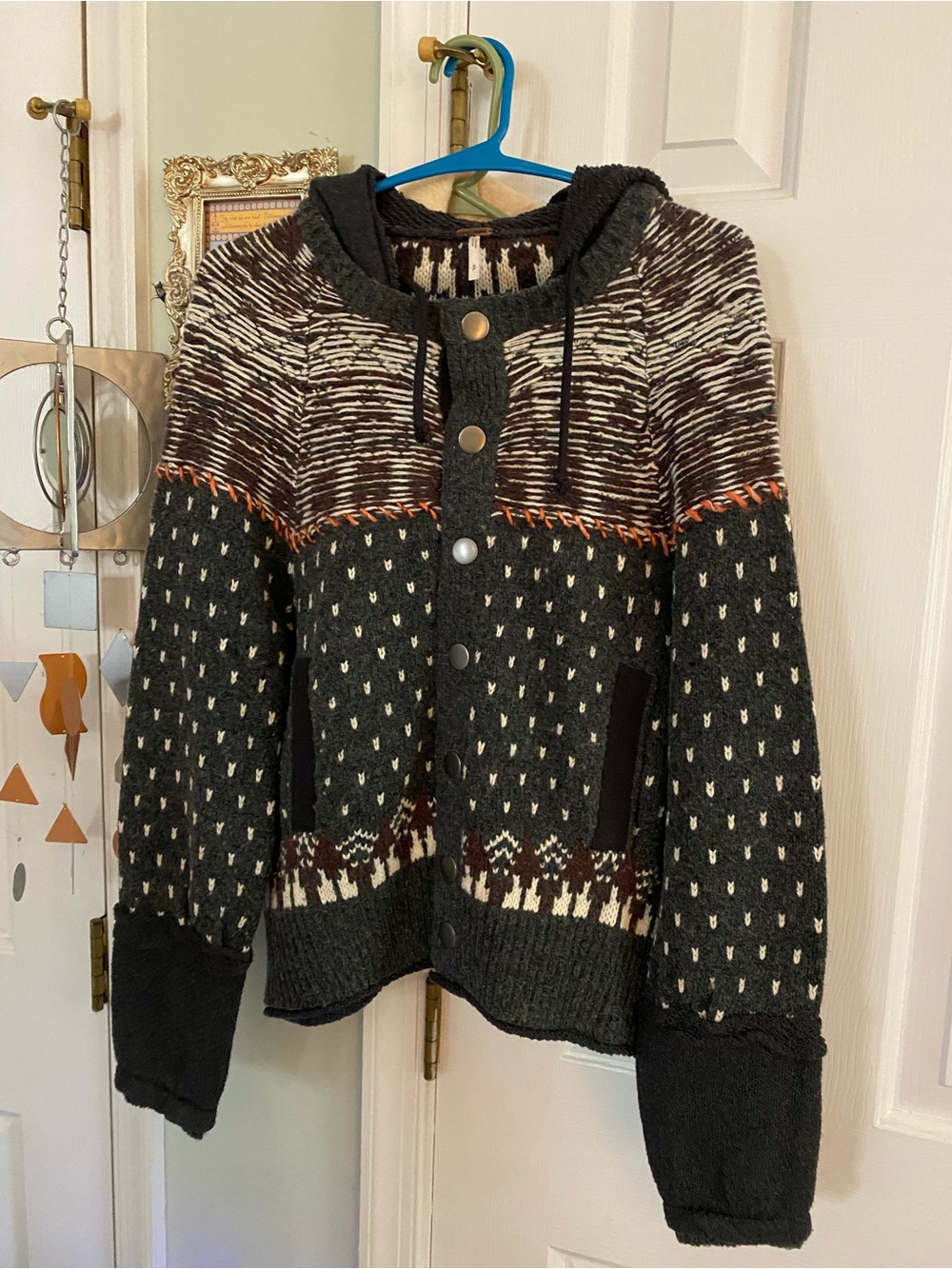 Free People Fair Isle On My Way Wool Hoodie Cardigan Sweater Jacket S